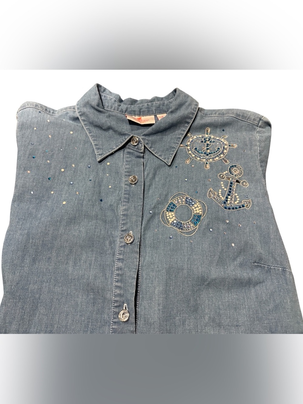 Quacker Factory Anchor's Away Button Down Nautical Shirt Size Medium Rhinestone